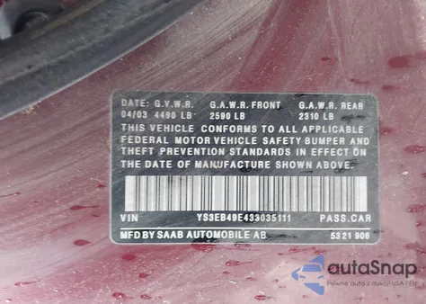 2003 Saab 9-5 Linear z USA, uszkodzony, nr VIN YS3EB49E433035111